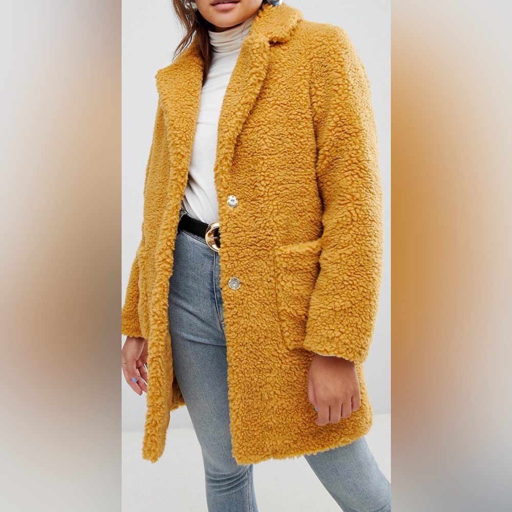New Look teddy fur coat in mustard